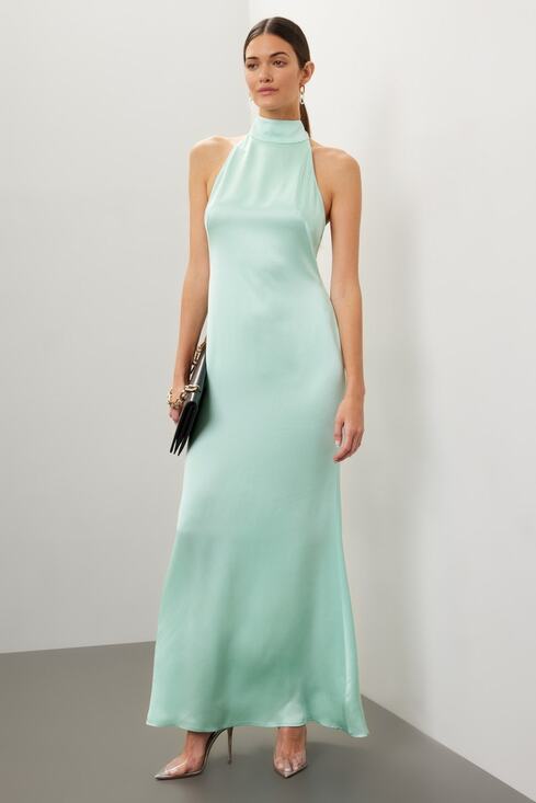 LAPOINTE Dresses & Skirts - LAPOINTE Metallic Mint Green Halter Neckline Backless Satin Gown Dress Size 4